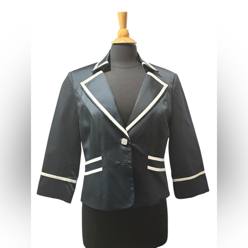 Sharagano’s Women’s Navy Blue Blazer w/ White Trim-size 12 - Picture 2 of 11